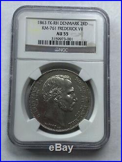 1863 Denmark 2 Rigsdaler NGC AU55 Very Rare In High Grade Large Silver Crown