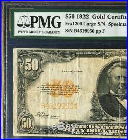1922 $50 Gold Certificate Pmg25 Very Fine Large, Fr#1200, Speelman/white, Rare