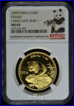 1999 China 100 Yuan Large Date Serif 1 Gold Panda Coin NGC MS69 Very Rare