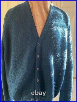 60s Vintage 75% Mohair Cardigan Cobain Large Mens Teal Blue Very Special /Rare