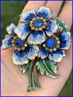 Antique brooch 1930-1940s Large 3+ Inch Enamel Blue Flowers Very Rare Pin