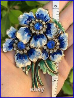 Antique brooch 1930-1940s Large 3+ Inch Enamel Blue Flowers Very Rare Pin