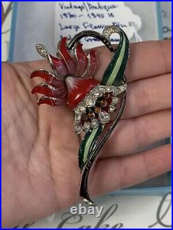 Antique brooch 1930-1940s Large 3 + Inch Enamel Red Lily Flower Very Rare Pin
