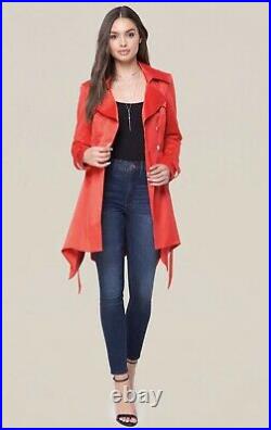 BEBE NWT Women's Belted Snaps Fiery Red Satin Shine Trench Coat VERY RARE Sz L
