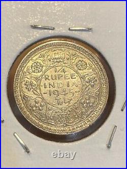 British India 1/4 Rupee 1945 Silver Coin, LARGE 5! King George 6. VERY RARE