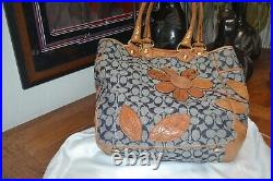 Coach denim bleecker leather floral embossed signature large tote. VERY RARE