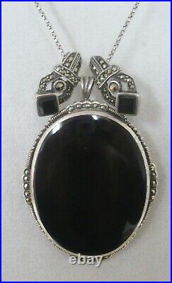 Estate Very Rare Art Deco Large Black Onyx Marcasite Sterling Pendant, Earrings