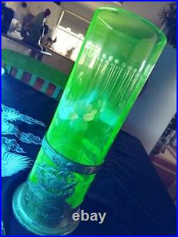 Extremely Rare Old Large Green Uranium Glass Vase with Metal Base Very Old Rare
