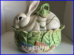 Fitz And Floyd Le Lapin Easter Rabbit Very Large Covered Leaves Bowl Rare