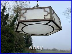 Large Antique Brass And Glass Art Deco Pendant Light Very Rare Collectors Item