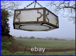 Large Antique Brass And Glass Art Deco Pendant Light Very Rare Collectors Item