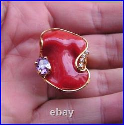 Large CORAL AXA VICTORIAN Signed RING Very Rare Carved gorgeous Heart Gem