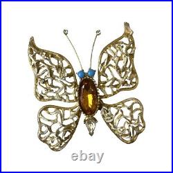 Large Very Rare Hattie Carnegie Butterfly Brooch Amber Rhinestone Turquoise Eyes