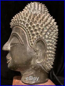 Large unusual very rare Lao bronze Buddha head with silver inlays 17th c