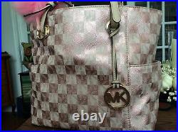 Michael Kors MK Bag Metallic Rose Gold Checkerboard E/W Jet Set Tote Very Rare