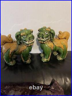 Pair Of Antique Very Rare Large Size Pottery Glazed Foo Dog Lions Impressive