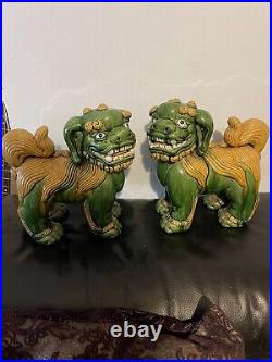 Pair Of Antique Very Rare Large Size Pottery Glazed Foo Dog Lions Impressive