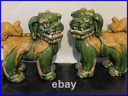 Pair Of Antique Very Rare Large Size Pottery Glazed Foo Dog Lions Impressive