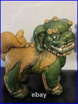 Pair Of Antique Very Rare Large Size Pottery Glazed Foo Dog Lions Impressive