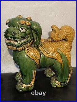 Pair Of Antique Very Rare Large Size Pottery Glazed Foo Dog Lions Impressive