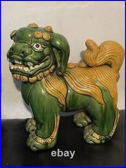 Pair Of Antique Very Rare Large Size Pottery Glazed Foo Dog Lions Impressive