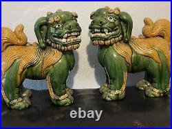 Pair Of Antique Very Rare Large Size Pottery Glazed Foo Dog Lions Impressive