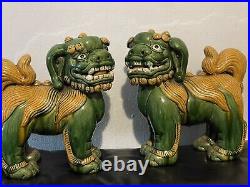 Pair Of Antique Very Rare Large Size Pottery Glazed Foo Dog Lions Impressive