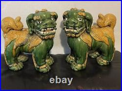 Pair Of Antique Very Rare Large Size Pottery Glazed Foo Dog Lions Impressive