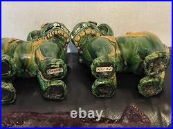 Pair Of Antique Very Rare Large Size Pottery Glazed Foo Dog Lions Impressive