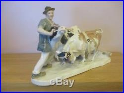 Rare Quality Very Large 16.5 Meissen Farmer & Cow Figural Ploughing Group