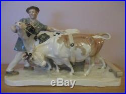 Rare Quality Very Large 16.5 Meissen Farmer & Cow Figural Ploughing Group