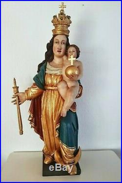 Rare Very Large Baroque Hand Carved Wood Polychrome Madonna H 40 Inch / 31 lb