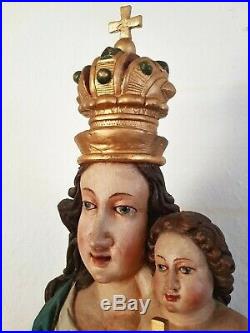 Rare Very Large Baroque Hand Carved Wood Polychrome Madonna H 40 Inch / 31 lb