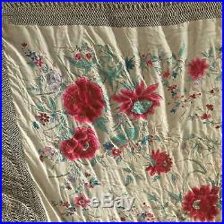 Rare antique silk piano shawl very large embroidered red roses from'20's
