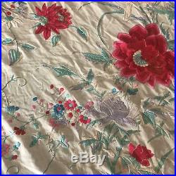 Rare antique silk piano shawl very large embroidered red roses from'20's