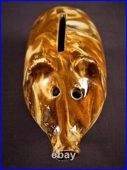 VERY RARE ANTIQUE 1800s HOLE-EYED LARGE MOCHA PIG BANK YELLOW WARE MINT