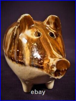 VERY RARE ANTIQUE 1800s HOLE-EYED LARGE MOCHA PIG BANK YELLOW WARE MINT