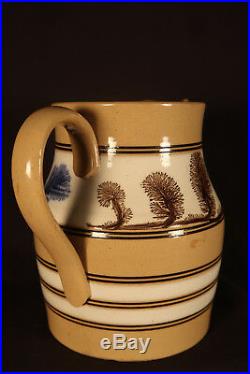 VERY RARE LARGE 1800s BLUE & BROWN MOCHA TREES PITCHER MOCHAWARE YELLOW WARE