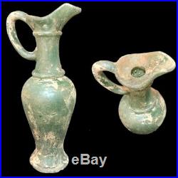 VERY RARE LARGE ANCIENT ROMAN GREEN GLASS POURING JUG WITH HANDLE 1st Century