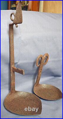 VERY RARE LARGE ANTIQUE 17th CENTURY WROUGHT IRON DOUBLE BETTY CRUSIE OIL LAMP