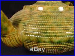 VERY RARE LARGE GREEN and BROWN SPATTER GLAZE SIGNED TEAPOT YELLOW WARE