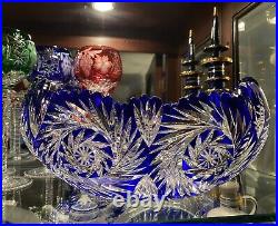 VERY RARE LRG ANTQ GERMAN COBALT BLUE CUT to CLEAR CRADLE OVAL CRYSTAL BOWL