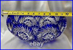 VERY RARE LRG ANTQ GERMAN COBALT BLUE CUT to CLEAR CRADLE OVAL CRYSTAL BOWL