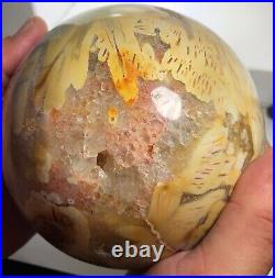 VERY RARE Very Large Sagenite Agate Sphere Druzy Quartz and Plume Agate 7+ LBS