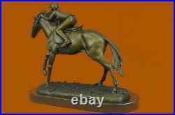 Very Large Solid Bronze Equestrian Horse With Jockey On Marble Base Rare Find