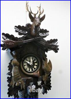 Very Nice Rare Large German Black Forest Hunter Deer 8 Day Carved Cuckoo Clock