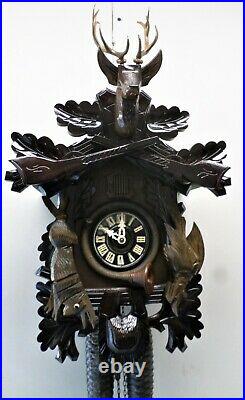 Very Nice Rare Large German Black Forest Hunter Deer 8 Day Carved Cuckoo Clock