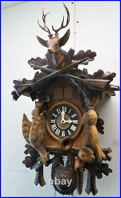 Very Nice Rare Large German Quail Steinadler Hunter Deer Head Cuckoo Clock