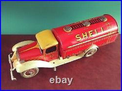 Very Rare 1930's Wells Large Tin Wind-up SHELL BP Oil Truck Petroliana Tinplate