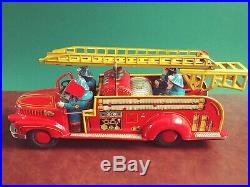 Very Rare 1950s Marusan Japan Large Tin Friction Fire Ladder Truck with Or. Box